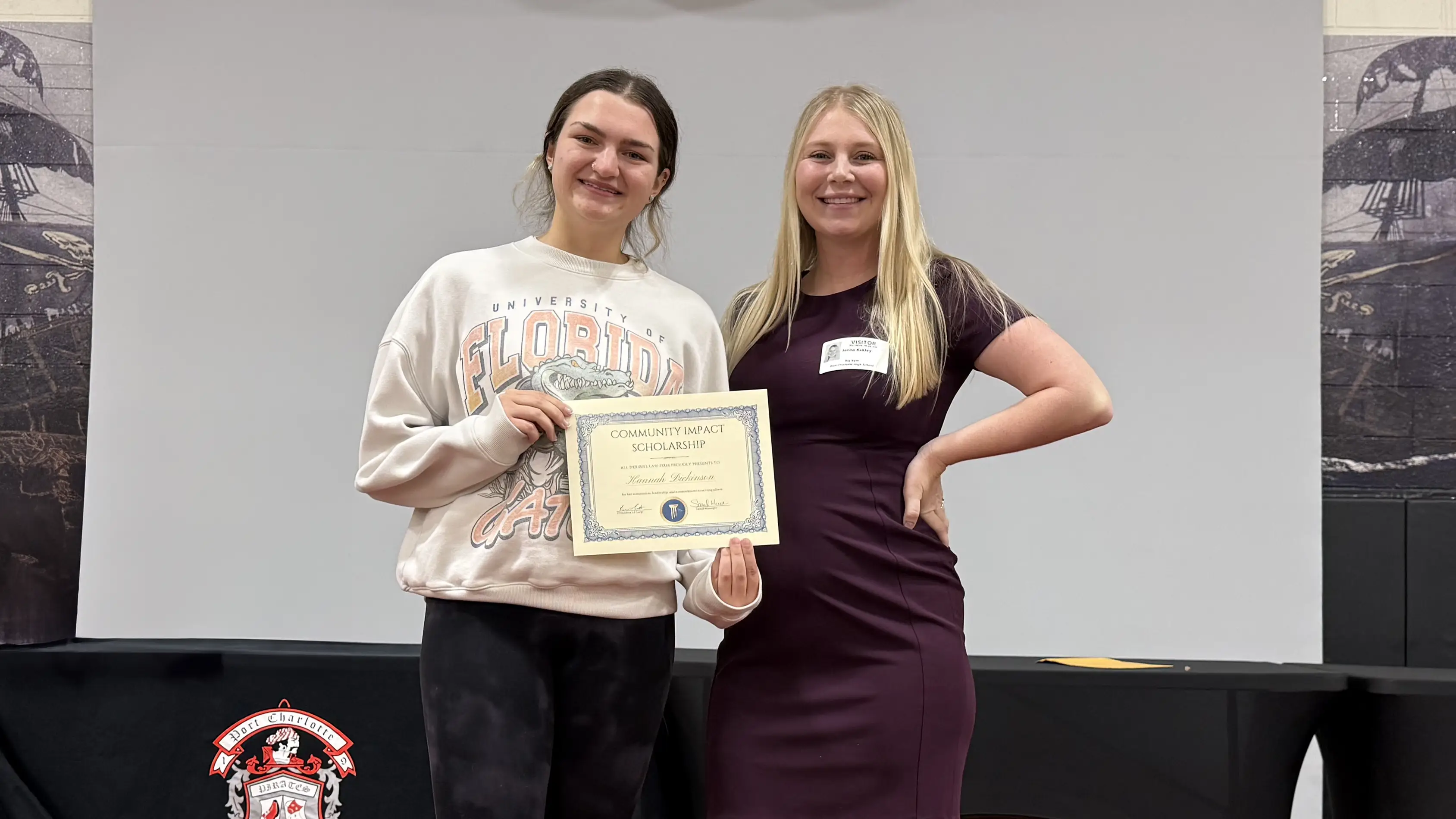  2026 Community Impact Scholarship Winner Hannah Dickinson of Port Charlotte High and our Own Attorney Jenna Kakley of All Injuries Law Firm